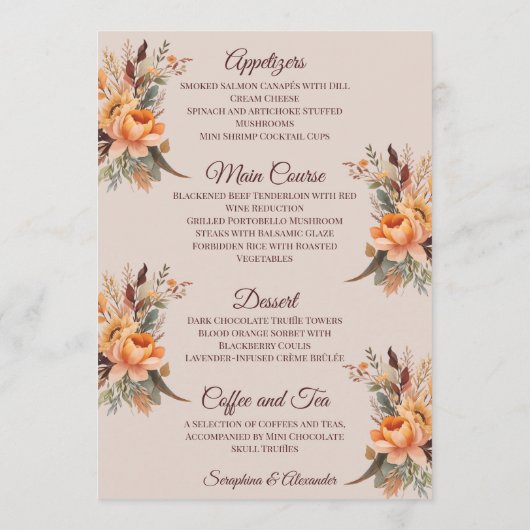 Herfst Waterverf Rustiek Bloemen Bruiloft Menu (Achterkant)