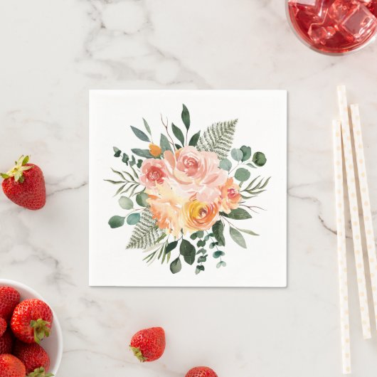 Herfst Waterverf Rustiek Roze Perzik Bloemboeket Servet (Insitu)