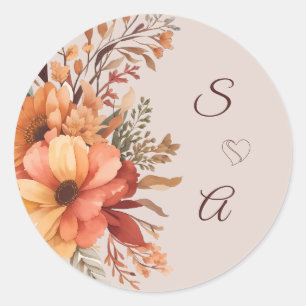 Herfst Waterverf rustieke bloemen monogram bruilof Ronde Sticker
