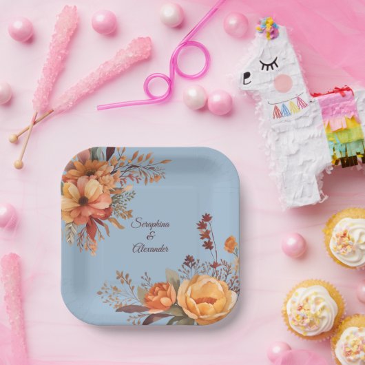 Herfst Waterverf rustieke bloemenbruiloft Papieren Bordje (Feest)