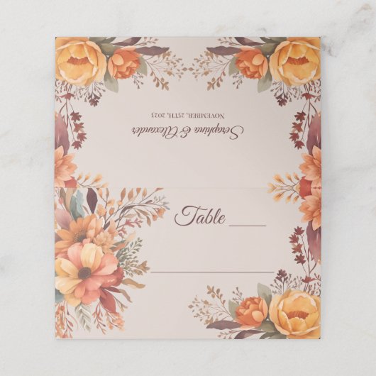 Herfst Waterverf rustieke bloemenbruiloft Plaatskaartje (Buitenkant ongevouwen)