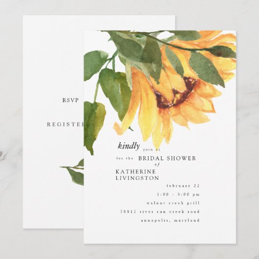 Herfst Waterverf Sunflower Bridal Shower Invitatio Kaart (Voorkant / Achterkant)