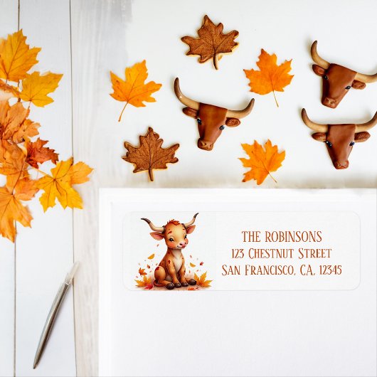 Herfst Waterverf Texas Longhorn Kalf Etiket