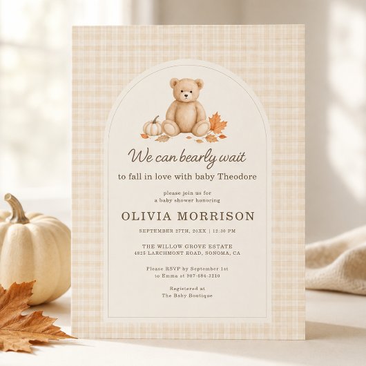 Herfst We Can Bearly Wait Gingham Baby Shower Kaart
