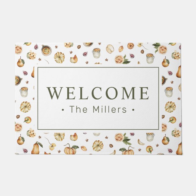 Herfst Welkome Waterverf Pumpkins Patroonnamen Deurmat (Voorkant)