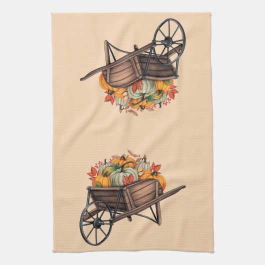 Herfst Wheelbarrow met pompoenen Theedoek (Verticaal)