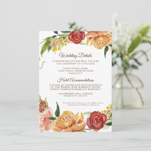 Herfst White Pumpkin Floral Burgundy Wedding - Geg Informatiekaartje (Staand voorkant)