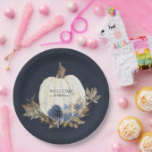 Herfst White Pumpkin Navy Dusty Blue Brown Foliage Papieren Bordje (Feest)