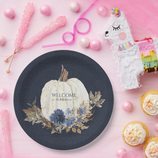 Herfst White Pumpkin Navy Dusty Blue Brown Foliage Papieren Bordje (Feest)