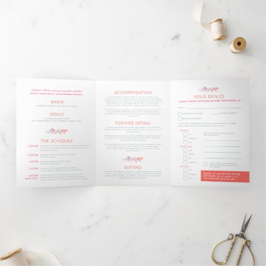 Herfst wijnstok koraal rode salie groene waterverf drieluik uitnodiging (Binnen)