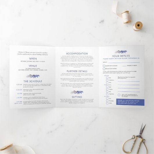 Herfst wijnstokken blauw grijs waterverf bruiloft  drieluik uitnodiging (Binnen)