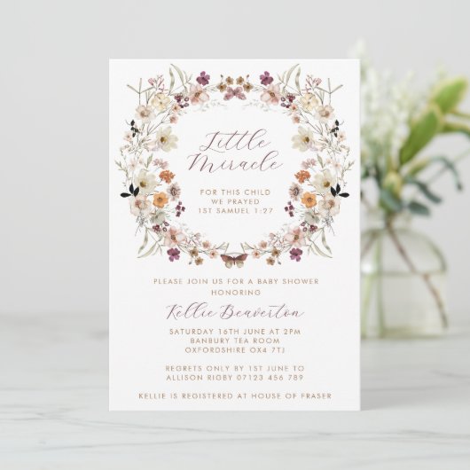 Herfst Wild Flower Wreath Little Miracle Baby show Kaart (Staand voorkant)