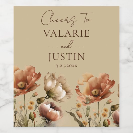 Herfst Wildbloemen Beige Wedding Cheers Wijn Etiket (Enkel label)