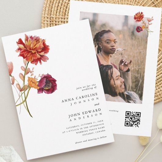 Herfst Wildbloemen Bloemen Foto & QR Code Bruiloft Kaart