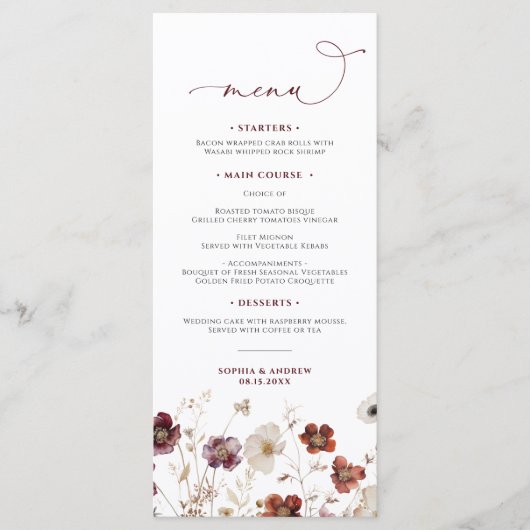 Herfst Wildbloemen Bruiloft Menu (Voorkant)