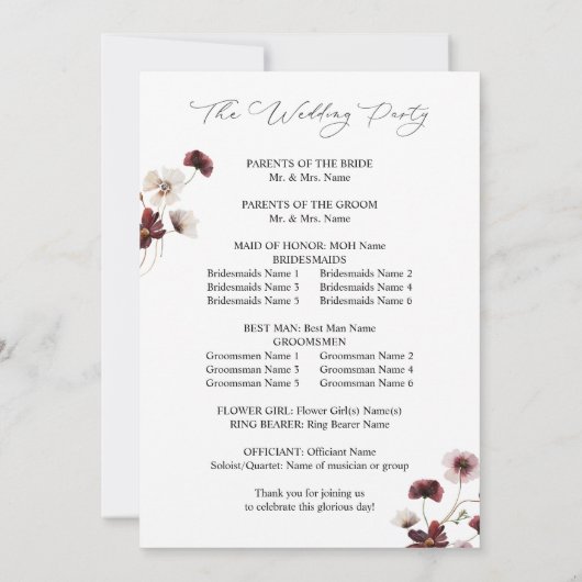 Herfst Wildbloemen Programma voor huwelijkseveneme (Achterkant)