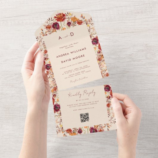 Herfst Wildbloemen QR Code RSVP Herfstbruiloft All In One Uitnodiging (Afscheurbaar)