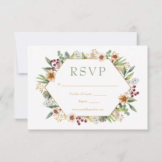 Herfst Wildbloemen Waterverf Wedding Gold RSVP Kaartje (Voorkant)