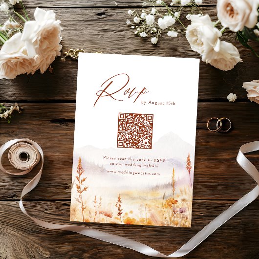 Herfst Wilde Bloem Berg Rustieke Trouw QR-code RSVP Kaartje