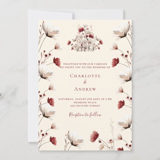 Herfst wilde bloem Bourgondië crème Boho bruiloft Kaart (Voorkant)