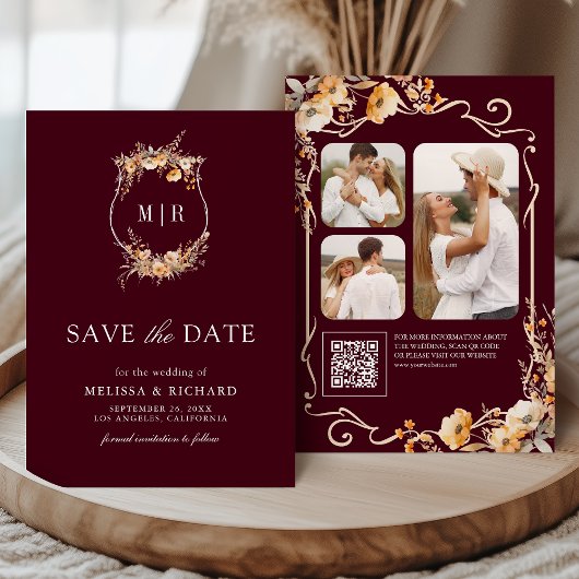 Herfst Wilde Bloem Crest QR Code Bourgondië Trouwd Save The Date