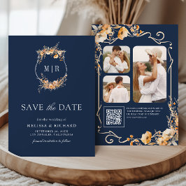 Herfst Wilde Bloem Crest QR Code Navy Blauwe Trouw Save The Date