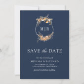 Herfst Wilde Bloem Crest QR Code Navy Blauwe Trouw Save The Date (Voorkant)