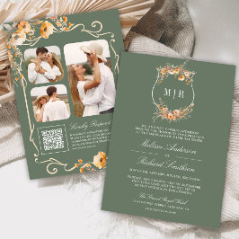 Herfst Wilde Bloem Crest QR Code Saliegroen Trouwe Kaart