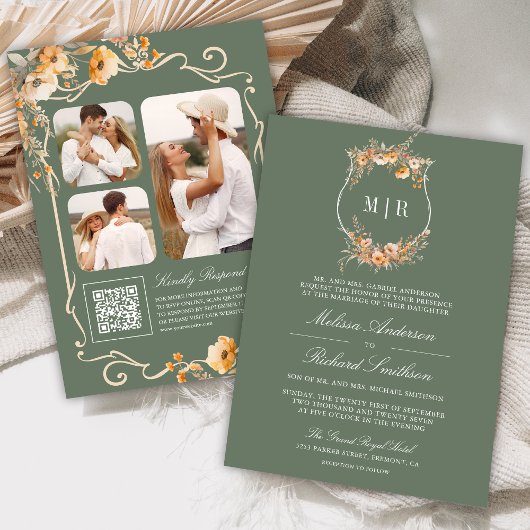 Herfst Wilde Bloem Crest QR Code Saliegroen Trouwe Kaart