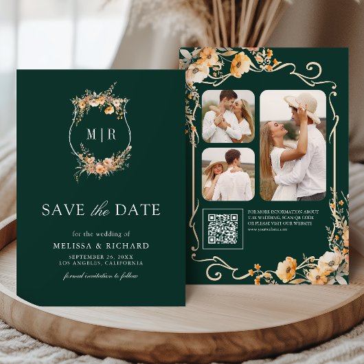 Herfst Wilde Bloem Crest QR Code Smaragd Huwelijk Save The Date