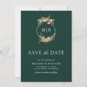 Herfst Wilde Bloem Crest QR Code Smaragd Huwelijk Save The Date (Voorkant)