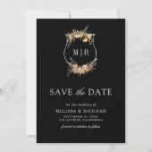 Herfst Wilde Bloem Crest QR Code Zwarte Trouwjurk Save The Date (Voorkant)