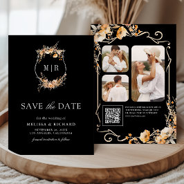 Herfst Wilde Bloem Crest QR Code Zwarte Trouwjurk Save The Date