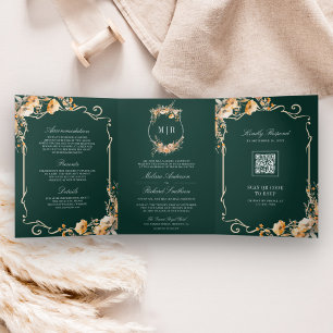 Herfst Wilde Bloem Crest Smaragd QR Code Bruiloft Drieluik Uitnodiging