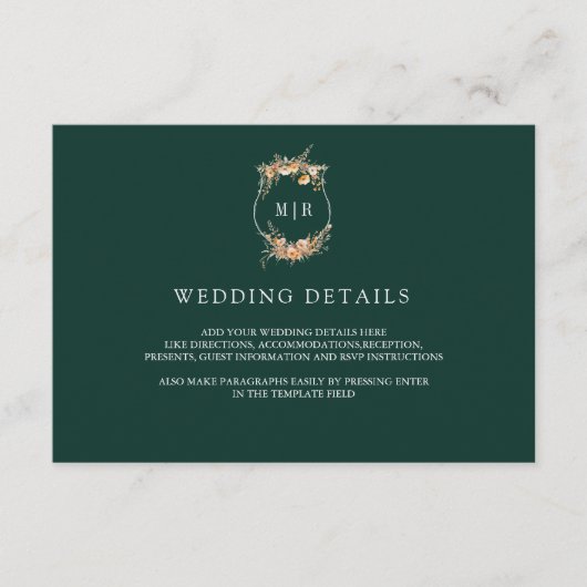 Herfst Wilde Bloem Crest Smaragd Trouwdetails Informatiekaartje (Voorkant)