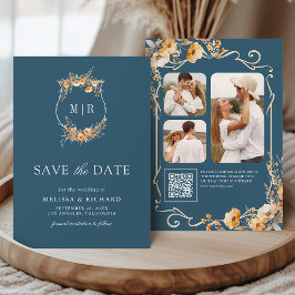 Herfst Wilde Bloem Kam QR Code Stofblauw Bruiloft Save The Date