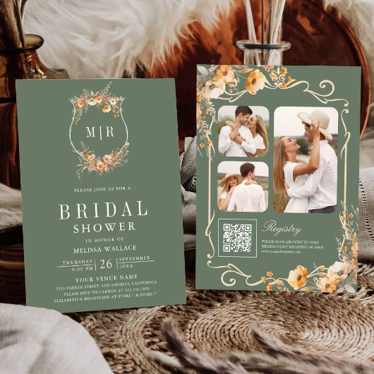 Herfst Wilde Bloem QR Code Saliegroen Bruidsdiner Kaart