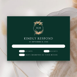 Herfst Wilde Bloemen Crest Smaragdgroene Trouwdag RSVP Kaartje