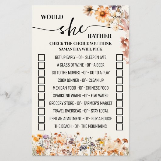 Herfst wilde bloemen zou ze liever douchen spel flyer (Voorkant)