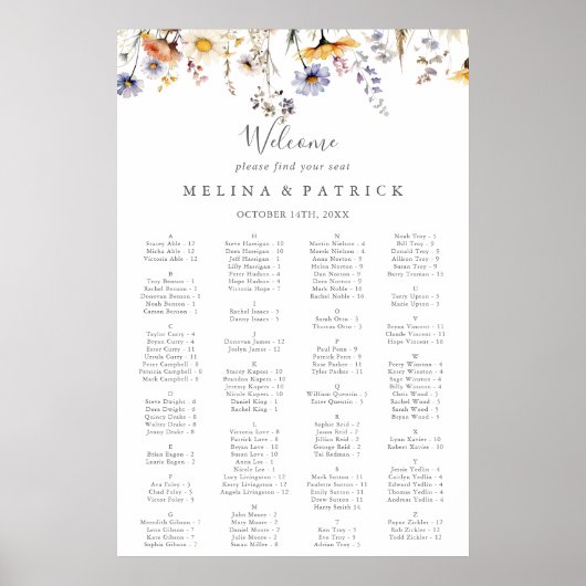 Herfst Wildflower Alfabetische Zitting Grafiek Poster (Voorkant)