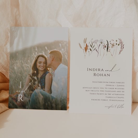 Herfst Wildflower | Beige Monogram Foto Bruiloft Kaart