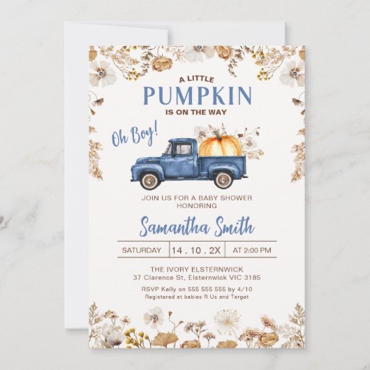Herfst Wildflower Blue Pumpkin Truck Baby shower Kaart (Voorkant)