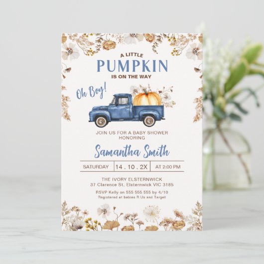 Herfst Wildflower Blue Pumpkin Truck Baby shower Kaart (Staand voorkant)
