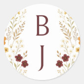 Herfst Wildflower Boho Monogram Huwelijk Ronde Sticker (Voorkant)