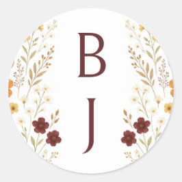 Herfst Wildflower Boho Monogram Huwelijk Ronde Sticker
