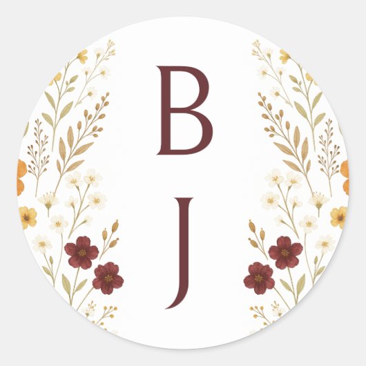Herfst Wildflower Boho Monogram Huwelijk Ronde Sticker (Voorkant)