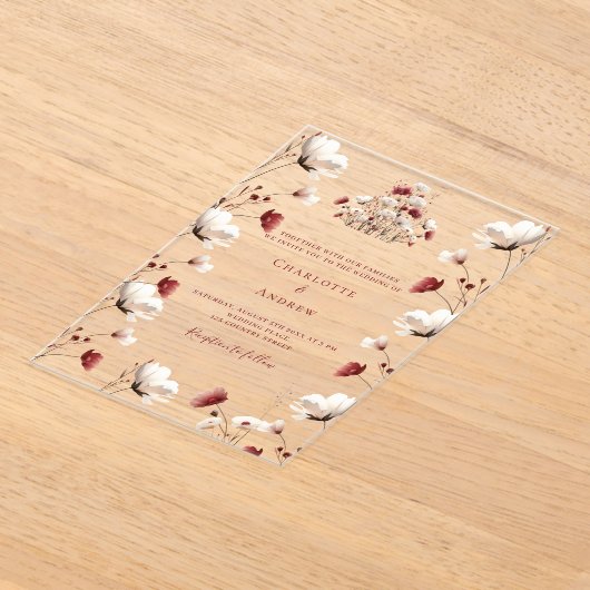 Herfst Wildflower Bourgogne Crème Boho Clear Weddi Acryl Uitnodigingen (Laagn)