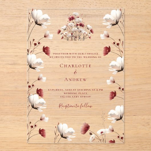 Herfst Wildflower Bourgogne Crème Boho Clear Weddi Acryl Uitnodigingen (Voorkant)