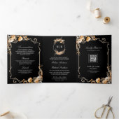 Herfst Wildflower Crest Black QR Code Wedding Drieluik Uitnodiging (Binnen)