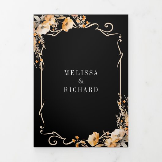 Herfst Wildflower Crest Black QR Code Wedding Drieluik Uitnodiging (Cover)